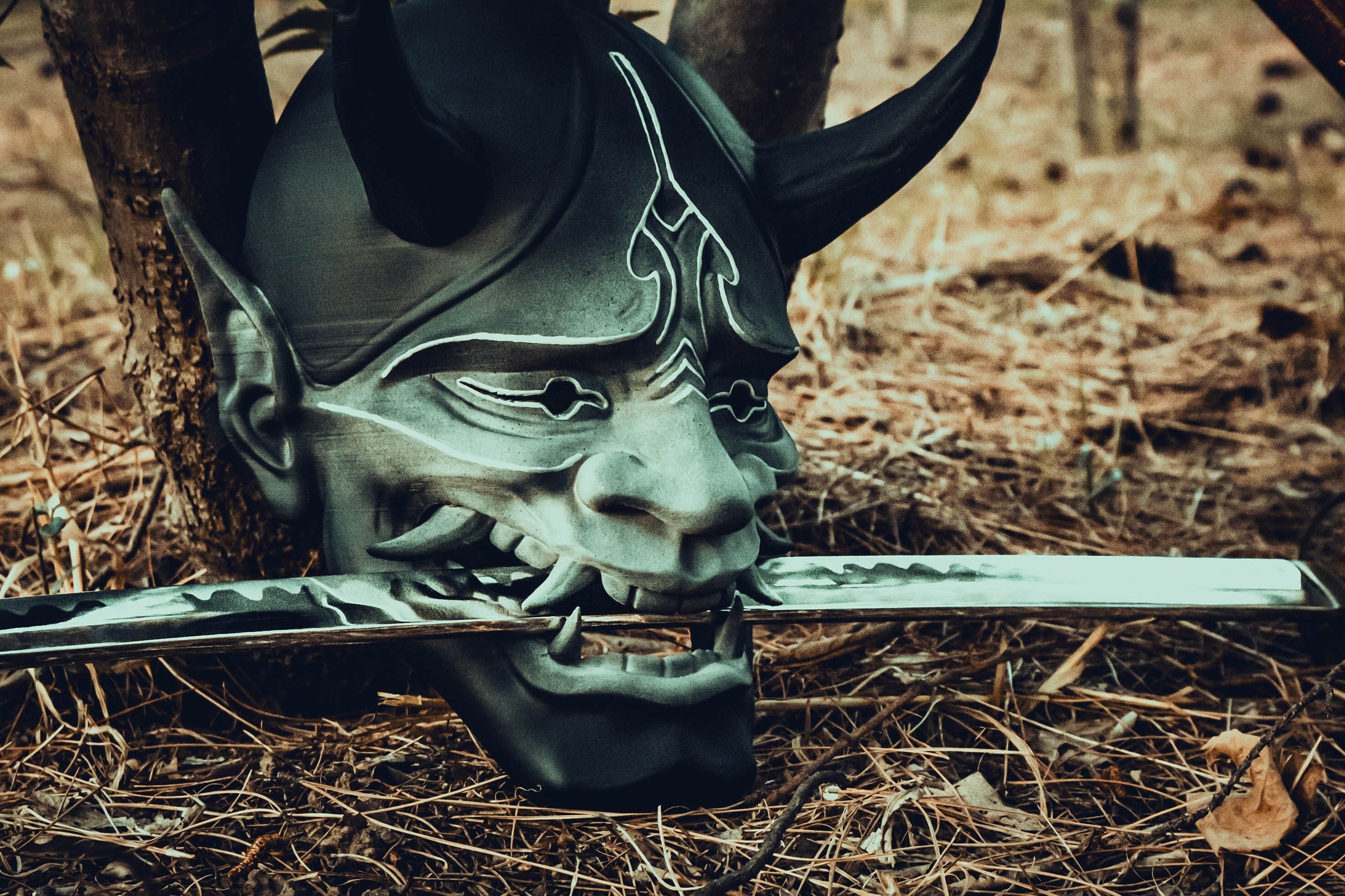 Oni Half Face Wearable Mempo Mask, Japanese Samurai Cosplay Steelish Black Half  Face Mask, Ninja Armour, Youkai Half Mask With Big Fangs 
