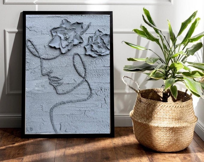 Featured listing image: Renewed Creation | Woman Portrait | Gray Cement Clay | Modern One-Line Art | Floral Accents | Square Print | ArtShani.D