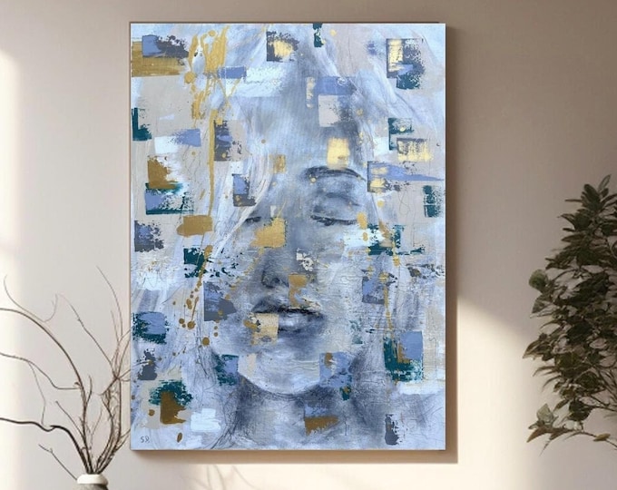 Featured listing image: Gleaming Grace Oil Painting Printed on Canvas | Portrait| Serene Woman | Closed Eyes | Modern Impressionism | Gray, Blue& Gold| By ArtShaniD