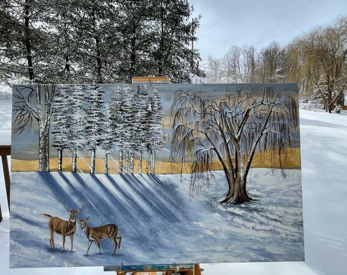 Featured listing image: Golden Vista - Painting Printed on canvas | Nature Landscape | Winter Rectangle Wall Decor | Blue, White, Gray, Gold | by ArtShani.D