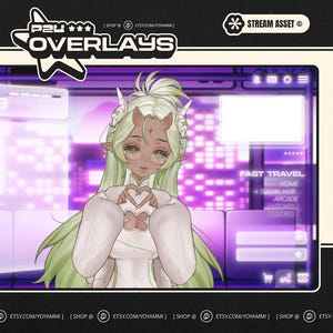 Puede incluir: Diseño de superposición digital con un personaje de anime con cabello y cuernos verdes, formando un corazón con sus manos. La superposición incluye el texto "PSU Overlays" y "Stream Asset". El fondo es una interfaz digital púrpura y blanca.