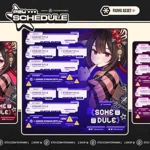 May include: Digital streaming schedule template with a purple and white color scheme. The schedule includes days of the week, stream titles, and a graphic of a character with brown hair and red eyes. The text "SCHEDULE" is at the top.