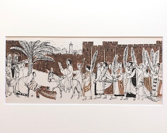 DISCOUNTED-Palm Sunday Bible Illustration- Matted 11x14 - Easter - Jesus Enters Jerusalem - Holy Week - Vintage