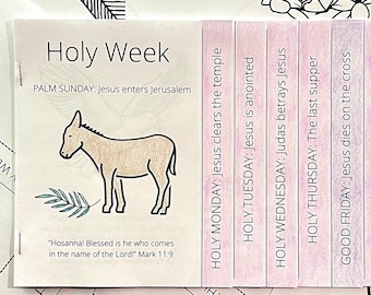 Puede incluir: Un gráfico imprimible colorido que ilustra los eventos de la Semana Santa. Cada día está representado por un color diferente e incluye una breve descripción del evento. El gráfico incluye ilustraciones de un burro, un frasco y una cruz.
