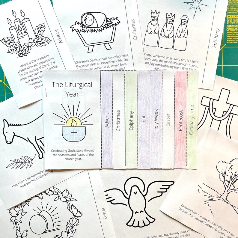 May include: A printable chart illustrating the liturgical year in the Christian faith. The chart includes the seasons of Advent, Christmas, Epiphany, Lent, Holy Week, Easter, Pentecost, and Ordinary Time. Each season is represented by a symbol and a brief description.