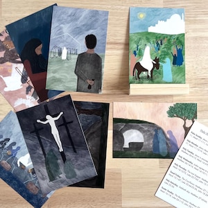 9 Kunstkarten der Karwoche Ostern mit Bibelversen + Holzständer