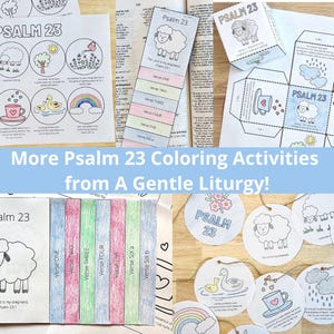 Puede incluir: Una colecci&oacute;n de actividades para colorear del Salmo 23, que incluye hojas imprimibles, un folleto y etiquetas. Los dise&ntilde;os presentan una oveja, una taza de t&eacute;, un arco&iacute;ris y otras ilustraciones. El texto incluye "Salmo 23" y "More Psalm 23 Coloring Activities from A Gentle Liturgy!"