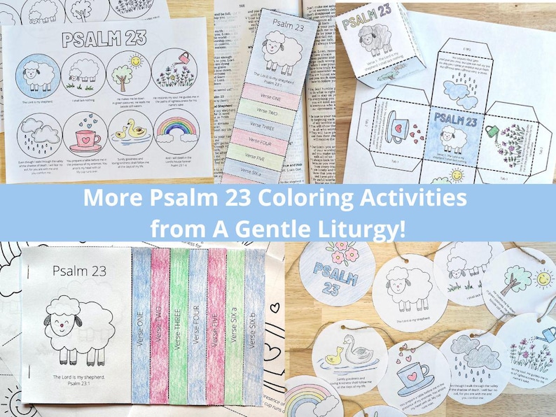 Puede incluir: Una colecci&oacute;n de actividades para colorear del Salmo 23, que incluye hojas imprimibles, un folleto y etiquetas. Los dise&ntilde;os presentan una oveja, una taza de t&eacute;, un arco&iacute;ris y otras ilustraciones. El texto incluye "Salmo 23" y "More Psalm 23 Coloring Activities from A Gentle Liturgy!"