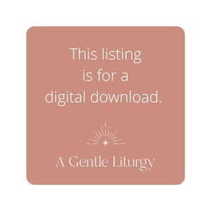 Puede incluir: Anuncio de descarga digital sobre un fondo cuadrado con esquinas redondeadas en color rosa apagado. El texto dice "This listing is for a digital download". Debajo del texto hay un gr&aacute;fico de explosi&oacute;n solar estilizado y el texto "A Gentle Liturgy."