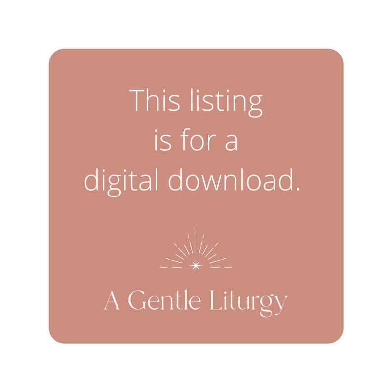 Puede incluir: Anuncio de descarga digital sobre un fondo cuadrado con esquinas redondeadas en color rosa apagado. El texto dice "This listing is for a digital download". Debajo del texto hay un gr&aacute;fico de explosi&oacute;n solar estilizado y el texto "A Gentle Liturgy."