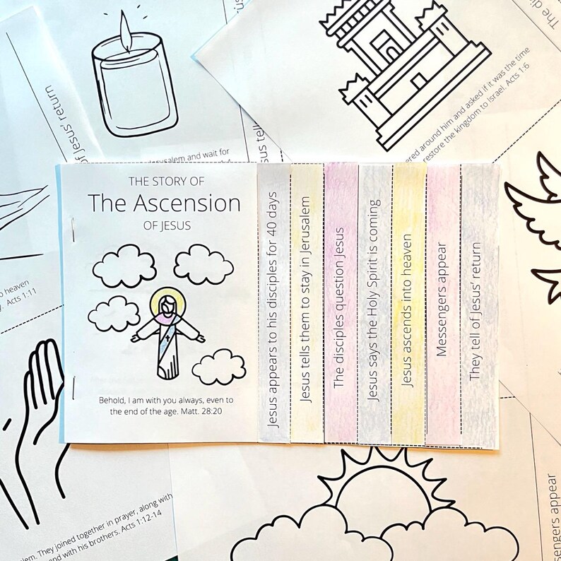 May include: A printable coloring page for kids about the Ascension of Jesus. The page features a colorful illustration of Jesus ascending into heaven with clouds and a sun. The page also includes a series of text boxes with descriptions of the events leading up to the Ascension.