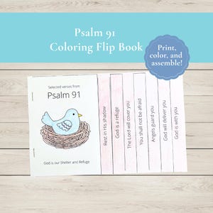 以下が含まれることがあります： 「Psalm 91 Coloring Flip Book」というタイトルの塗り絵。表紙には巣の中の青い鳥のイラストが描かれています。この本には詩篇91編からの抜粋が収録されており、印刷、着色、組み立てるための指示が記載されています。