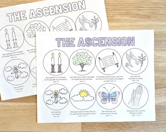 May include: A printable coloring page with illustrations and text about the Ascension of Jesus. The page includes verses from the Bible, such as Acts 1:3, Acts 1:4, Acts 1:6, Acts 1:7-8, Acts 1:9, Acts 1:10-11, Acts 1:11, and Acts 1:12-14.
