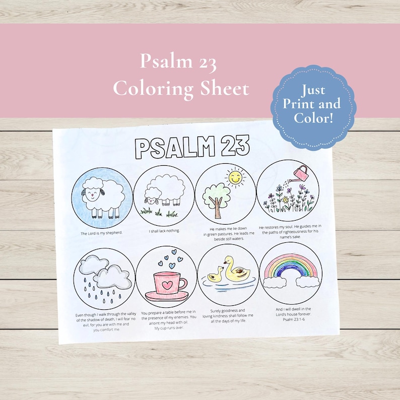 Puede incluir: Una hoja para colorear del Salmo 23 en blanco y negro con escenas ilustradas del vers&iacute;culo b&iacute;blico. La hoja incluye im&aacute;genes de una oveja, un &aacute;rbol, el sol, flores, lluvia, una taza de t&eacute;, patos y un arco&iacute;ris. El texto incluye "Salmo 23" y "Just Print and Color!"