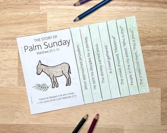 May include: A printable worksheet for kids about Palm Sunday. The worksheet features a black and white illustration of a donkey and a palm branch. The text on the worksheet reads "The Story of Palm Sunday, Matthew 21:1-11", "Hosanna! Blessed is he who comes in the name of the Lord, Matthew 21:9", "Jesus approached Jerusalem", "He sent his disciples for a donkey", "The donkey carried Jesus", "A crowd gathered", "The crowd shouted, "Hosanna!"