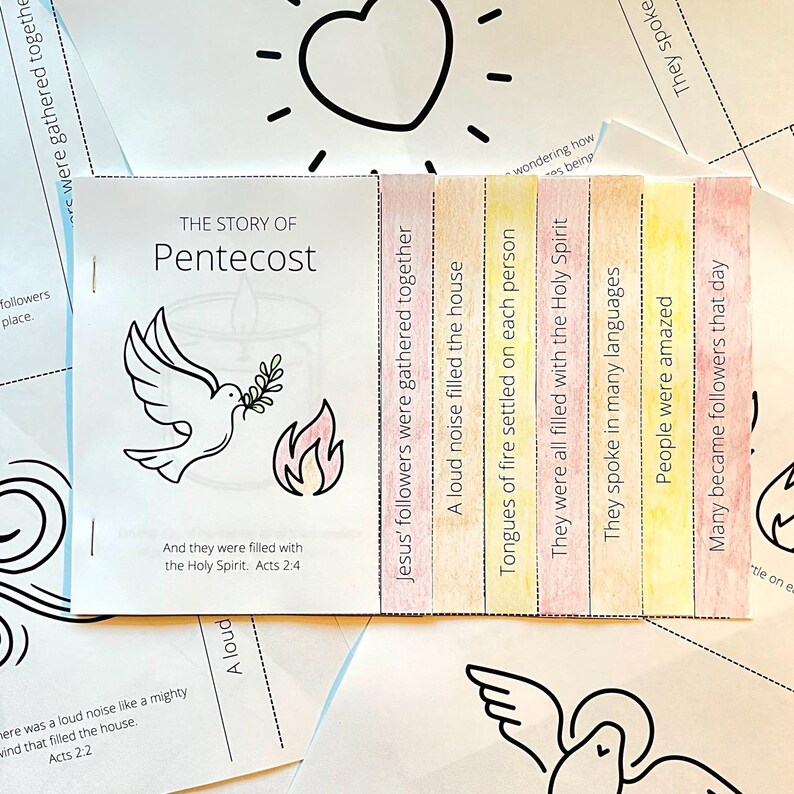 May include: A printable book for kids about the story of Pentecost. The book has colorful illustrations of a dove, fire, and a heart. The text includes the Bible verse Acts 2:4.