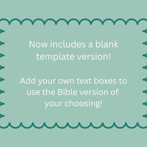 Puede incluir: Un fondo turquesa con un borde festoneado enmarca texto blanco. El texto dice: "&iexcl;Ahora incluye una versi&oacute;n de plantilla en blanco! &iexcl;Agregue sus propios cuadros de texto para usar la versi&oacute;n de la Biblia que elija!"