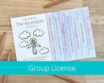 May include: A printed booklet titled "The Story of The Ascension of Jesus" with illustrations of Jesus and clouds. The booklet has a series of text panels describing events. The words "Group License" are at the bottom.
