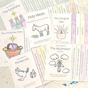 May include: A set of colorful printable cards illustrating the story of Jesus. Each card features a different event from the Bible, including the Epiphany, the Christmas Story, Pentecost, Holy Week, the Liturgical Year, the Ascension of Jesus, and Advent. The cards are designed for coloring and learning about the Christian faith.