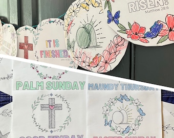 Puede incluir: Un conjunto de decoraciones imprimibles para el Domingo de Pascua con coronas coloridas adornadas con flores y mariposas. Las decoraciones incluyen el texto "¡Ha Resucitado!" "Todo está cumplido." "Domingo de Ramos" "Jueves Santo" "Viernes Santo" y "Domingo de Pascua".