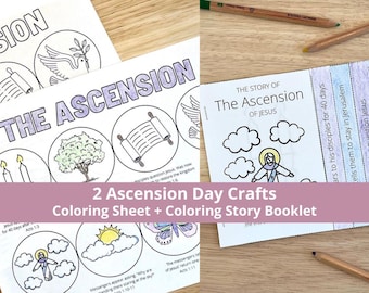 May include: Two printable coloring pages for kids to learn about the Ascension of Jesus. The first page is a coloring sheet with six circles featuring images related to the Ascension. The second page is a coloring story booklet with a simple illustration of Jesus ascending to heaven. The text "The Story of The Ascension of Jesus" is at the top of the booklet.