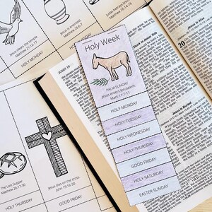 May include: A purple and white bookmark featuring a donkey illustration and the text "Holy Week" and "Palm Sunday". The bookmark also includes a list of days of the week during Holy Week, including Holy Monday, Holy Tuesday, Holy Wednesday, Holy Thursday, Good Friday, Holy Saturday, and Easter Sunday.