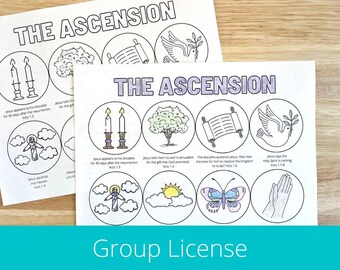 May include: Black and white printable coloring pages with illustrations of the ascension of Jesus. The pages include text from the Bible, such as "Jesus appears to his disciples for 40 days after the resurrection" and "Jesus tells them to wait in Jerusalem for the gift that God promised".