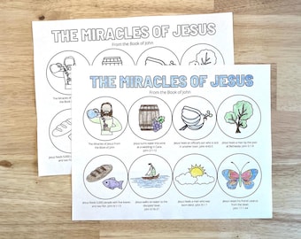 May include: A printable worksheet with illustrations of miracles of Jesus from the Book of John. The worksheet includes images of Jesus turning water into wine, feeding 5,000 people with five loaves and two fish, walking on water, healing a man born blind, and raising Lazarus from the dead.