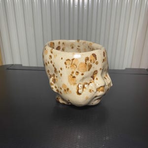 May include: A ceramic face-shaped planter, featuring a beige base with brown speckles. The face has a slightly open mouth. The planter is designed for small plants or flowers. The background is neutral.
