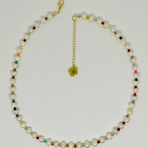 Real Pearl Beaded Necklace, Rainbow Pearl Necklace, Pearl and Colorful Gemstone Necklace, Multicolor Agate Stone Necklace, Rainbow Choker