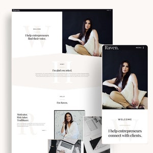 May include: A website homepage for a business coach. The website features a photo of the coach, Raven, and text that says "I help entrepreneurs find their voice." and "I'm glad you asked."