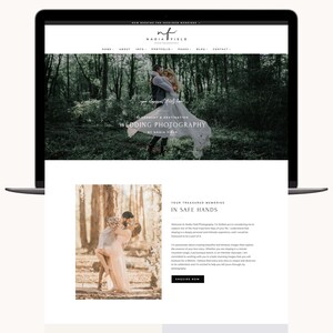 May include: A laptop screen displaying a website for Nadia Field Photography. The website features a header with navigation links, a large image of a couple, and text that reads "Wedding Photography". Below is a photo of a couple embracing.