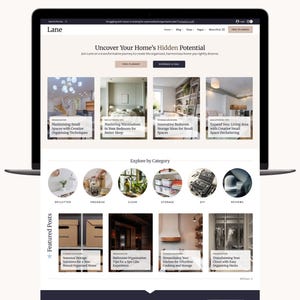 May include: A laptop screen displaying the website "Lane." The site features articles on home organization, with categories like declutter, organize, and storage. The website's design is clean, with a focus on interior design and home improvement.