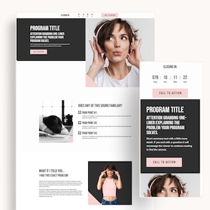 May include: A website landing page with a countdown timer, a call to action button, and a headline that reads "PROGRAM TITLE: ATTENTION GRABBING ONE-LINER EXPLAINING THE PROBLEM YOUR PROGRAM SOLVES."