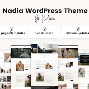 K&ouml;nnte beinhalten: Website-Mockup f&uuml;r einen Hochzeitsfotografen mit einem hellbraunen Hintergrund und einer wei&szlig;en Kopfzeile, die "Nadia WordPress Theme for Kadence" lautet. Die Kopfzeile befindet sich &uuml;ber drei wei&szlig;en K&auml;stchen mit H&auml;kchen und Text, der "22 Seiten/Vorlagen", "1-Klick-Installation" und "Lebenslange Updates" lautet. Unter den K&auml;stchen befinden sich mehrere Website-Mockups, die verschiedene Seiten einer Hochzeitsfotografen-Website zeigen.