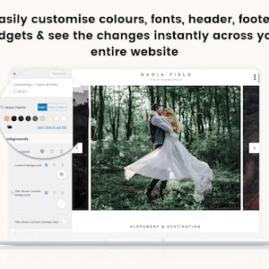 K&ouml;nnte beinhalten: Ein Laptop-Bildschirm zeigt eine Website-Builder-Oberfl&auml;che mit einer Farbpalette und Hintergrundoptionen. Die Website ist f&uuml;r Nadia Field Photography und zeigt ein Foto eines Paares in einer Waldlandschaft. Der Text "ELOPEMENT & DESTINATION" wird unter dem Foto angezeigt.