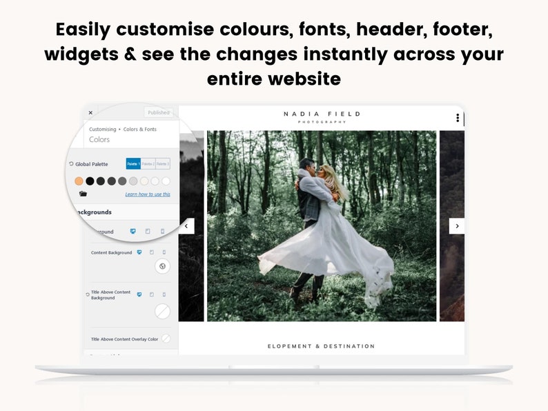 K&ouml;nnte beinhalten: Ein Laptop-Bildschirm zeigt eine Website-Builder-Oberfl&auml;che mit einer Farbpalette und Hintergrundoptionen. Die Website ist f&uuml;r Nadia Field Photography und zeigt ein Foto eines Paares in einer Waldlandschaft. Der Text "ELOPEMENT & DESTINATION" wird unter dem Foto angezeigt.