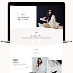 May include: A laptop screen displays a website with the name "Raven." The website features text that reads "I help entrepreneurs share their story." A woman is seated on a couch in the background. The website also includes the text "I'm glad you asked."