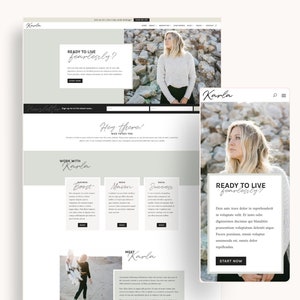 Peut inclure: Une page d'accueil de site Web avec le texte "Prêt à vivre sans peur ?" et un bouton d'appel à l'action qui dit "Commencer maintenant". Le site Web est pour un coach de vie nommé Karla.