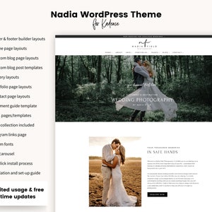 K&ouml;nnte beinhalten: Ein Screenshot einer Website f&uuml;r ein Hochzeitsfotografie-Unternehmen namens Nadia Field Photography. Die Website hat ein gr&uuml;n-wei&szlig;es Farbschema mit einem gro&szlig;en Bild eines Paares in einem Wald. Der Text "Wedding Photography" wird in einer gro&szlig;en Schriftart auf der Website angezeigt. Die Website enth&auml;lt auch einen Call-to-Action, um "Enquire Now" zu klicken.