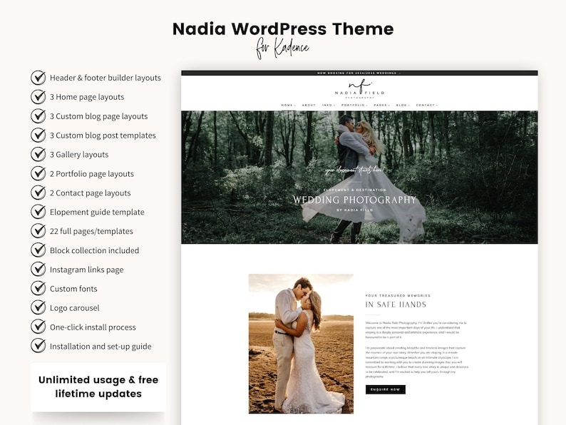 K&ouml;nnte beinhalten: Ein Screenshot einer Website f&uuml;r ein Hochzeitsfotografie-Unternehmen namens Nadia Field Photography. Die Website hat ein gr&uuml;n-wei&szlig;es Farbschema mit einem gro&szlig;en Bild eines Paares in einem Wald. Der Text "Wedding Photography" wird in einer gro&szlig;en Schriftart auf der Website angezeigt. Die Website enth&auml;lt auch einen Call-to-Action, um "Enquire Now" zu klicken.