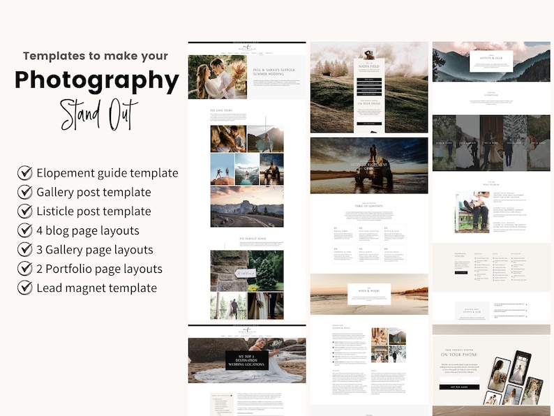 K&ouml;nnte beinhalten: Eine Sammlung von Website-Vorlagen f&uuml;r Fotografen, die eine Vielzahl von Layouts f&uuml;r verschiedene Arten von Inhalten bieten, darunter Blogbeitr&auml;ge, Galerien und Portfolio-Seiten. Die Vorlagen sollen Fotografen dabei helfen, eine professionelle und optisch ansprechende Online-Pr&auml;senz zu schaffen.