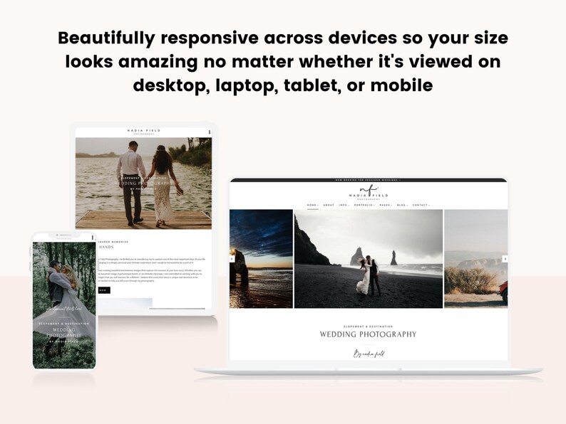 K&ouml;nnte beinhalten: Eine Website f&uuml;r eine Hochzeitsfotografin, Nadia Field, die ihre Arbeit mit Bildern von Paaren an verschiedenen Orten pr&auml;sentiert. Die Website ist responsiv und sieht auf allen Ger&auml;ten gut aus.