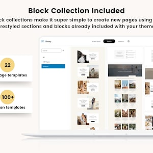 K&ouml;nnte beinhalten: Ein Laptop-Bildschirm zeigt eine Website-Builder-Oberfl&auml;che mit einer Bibliothek von vordefinierten Website-Vorlagen. Der Text "Block Collection Included" wird oben auf dem Bildschirm angezeigt. Der Text "22 Full page templates" und "100+ Section templates" wird auf der linken Seite des Bildschirms angezeigt.