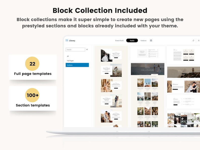 K&ouml;nnte beinhalten: Ein Laptop-Bildschirm zeigt eine Website-Builder-Oberfl&auml;che mit einer Bibliothek von vordefinierten Website-Vorlagen. Der Text "Block Collection Included" wird oben auf dem Bildschirm angezeigt. Der Text "22 Full page templates" und "100+ Section templates" wird auf der linken Seite des Bildschirms angezeigt.