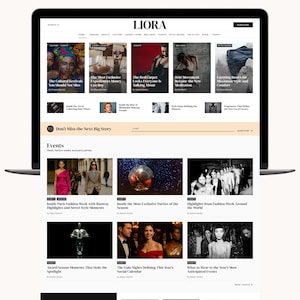 May include: A laptop displaying the Liora website, a fashion and lifestyle blog. The homepage features articles on beauty, culture, and events. The screen shows various images and headlines, including "The Red Carpet Looks Everyone is Talking About."