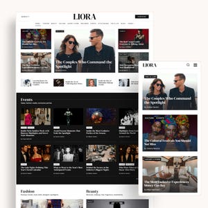 Op de afbeelding: Website-ontwerp met de naam "LIORA" bovenaan. De website bevat artikelen met afbeeldingen en tekst, waaronder "The Couples Who Command the Spotlight" en "The Cultural Festivals You Should Not Miss."