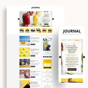 Könnte beinhalten: Ein Website-Mockup für ein Blog-Theme-Kit für Divi mit einem gelben und weißen Farbschema. Die Website hat einen Blogbeitrag mit dem Titel "Meine 3 Top-Rezepte für köstliche Superfood-Smoothies" mit einem Foto eines Smoothies in einem Glas. Die Website hat auch eine Seitenleiste mit einer Suchleiste, Kategorien und Tags.