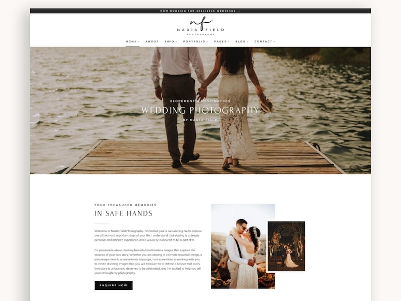 K&ouml;nnte beinhalten: Ein Paar geht Hand in Hand auf einem Holzsteg, der auf ein Gew&auml;sser blickt. Der Text "Elopement Destination Wedding Photography by Nadia Field" ist auf dem Bild zu sehen.