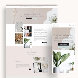 May include: A website design mockup displayed on a desktop and mobile device. The design uses a neutral colour palette with the text "Branding, web design, and copywriting for creatives and crafters." The design includes images of plants and a person using a laptop.